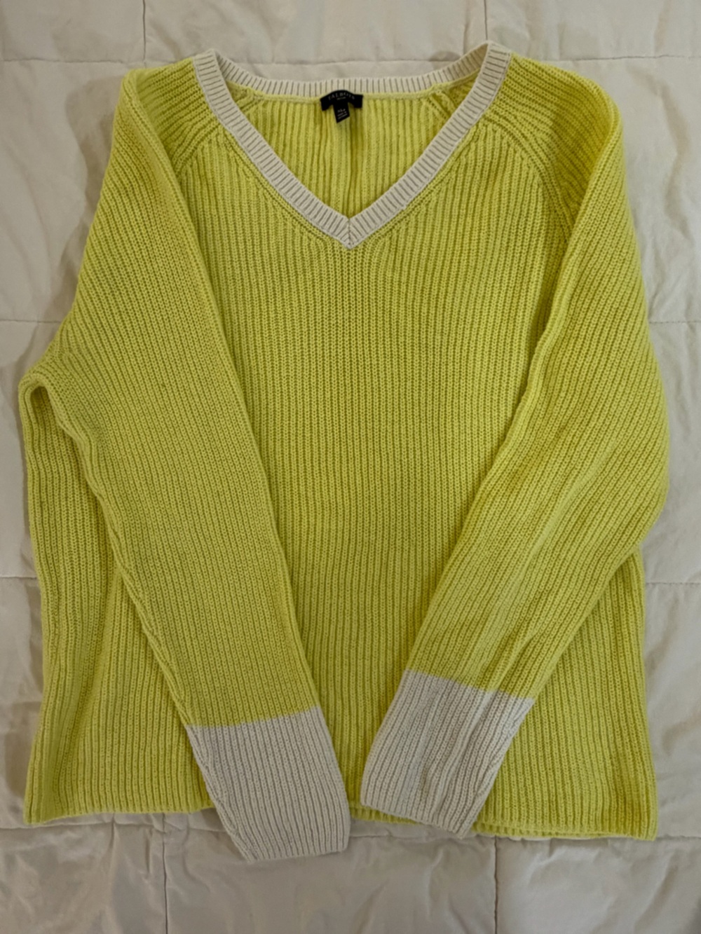 Talbots Lemon-Green V-Neck Sweater with Cream Trim